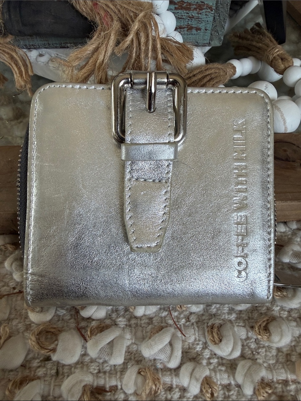 Coffee with milk  Metallic Silver Leather Zip Wallet with Buckle